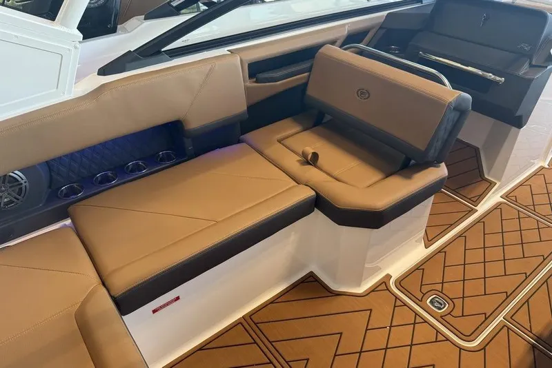 Slide: The Image of Luxurious interior of 2026 Cobalt R4 boat with tan leather seating and stylish flooring. - 15
