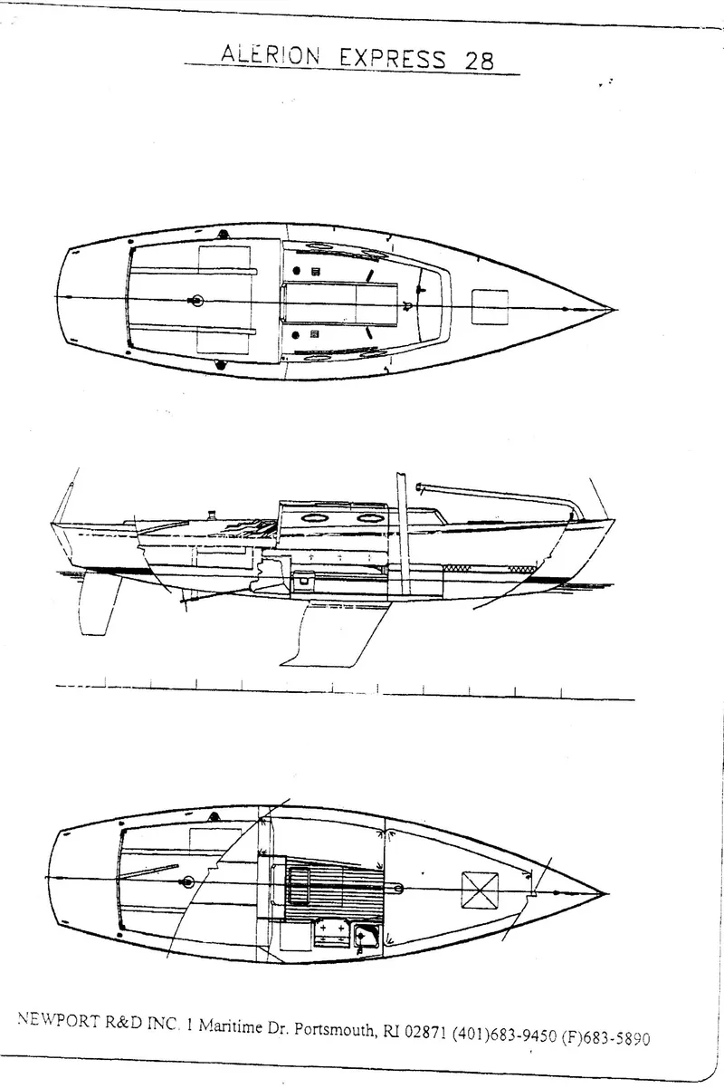 Slide: The Image of Alerion Express 28 sailboat, 1997 model, with detailed design drawings of deck and interior. - 28