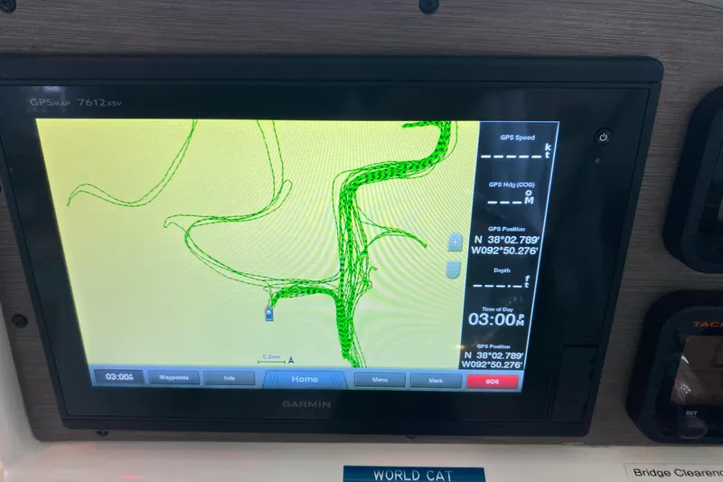 Slide: The Image of Garmin GPS display on 2016 World Cat Glacier Bay Edition 2740 Dual Console boat. - 45