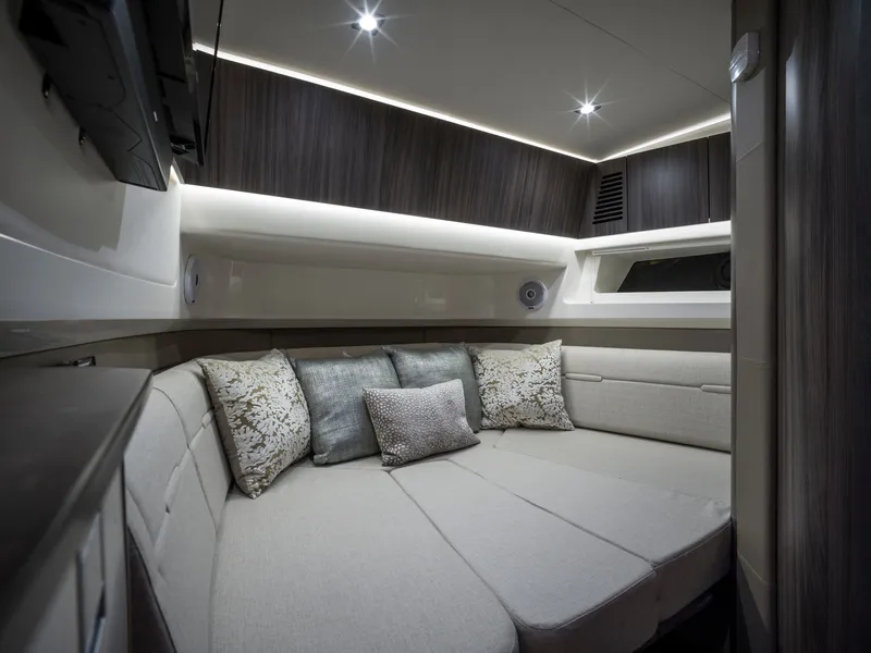 Slide: The Image of Interior of the 2027 Sea Ray SLX 400 with sleek upholstery and modern accents. - 32