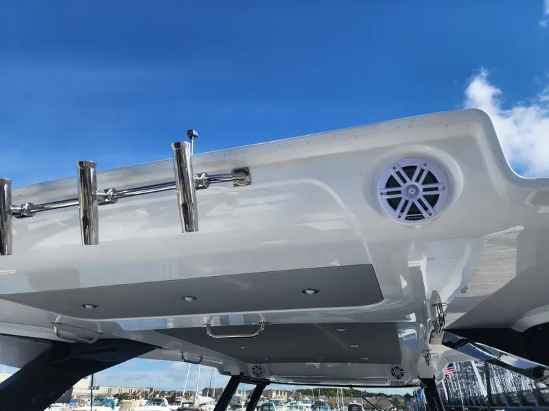 Slide: The Image of The image shows the deck of a 2027 Cruisers Yachts 45VTR with speakers and mounts. - 30