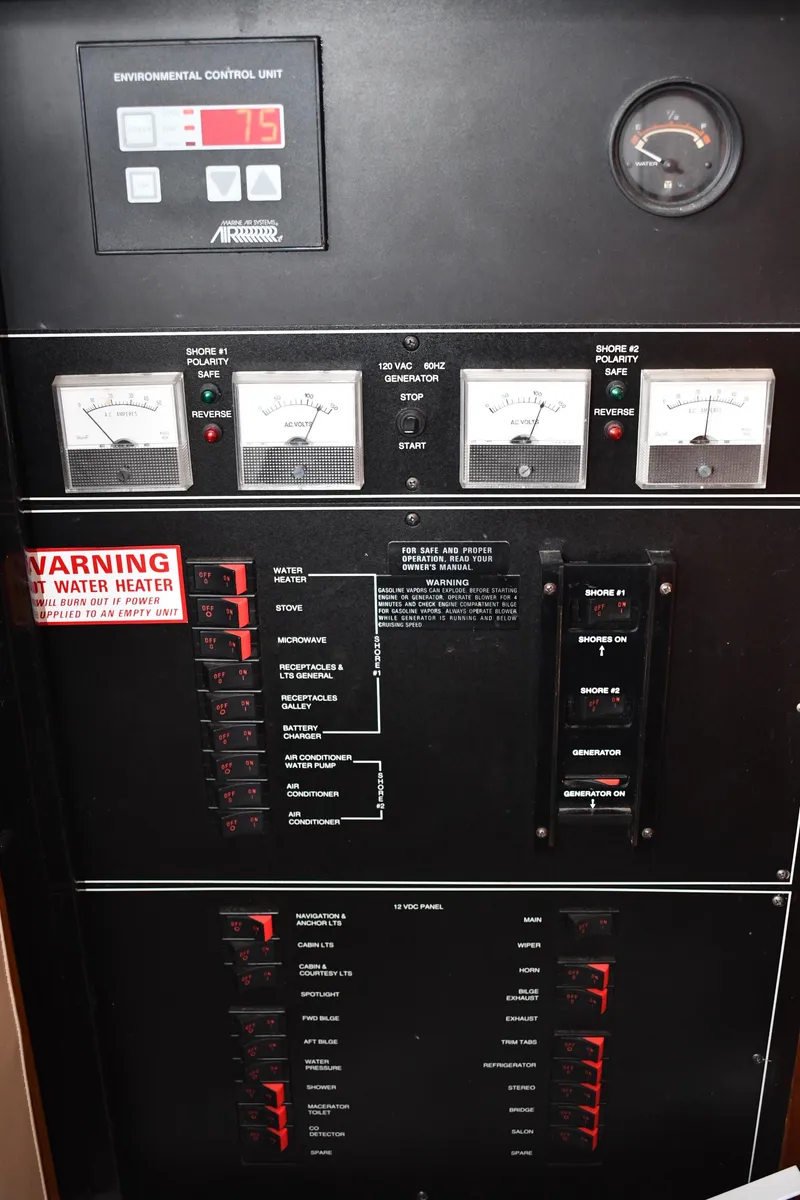 Slide: The Image of Electrical control panel with gauges and warning labels on a yacht. - 48
