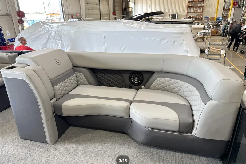 Slide: The Image of Luxurious seating on 2027 Godfrey Monaco 25' Tritoon, featuring elegant quilted upholstery. - 37