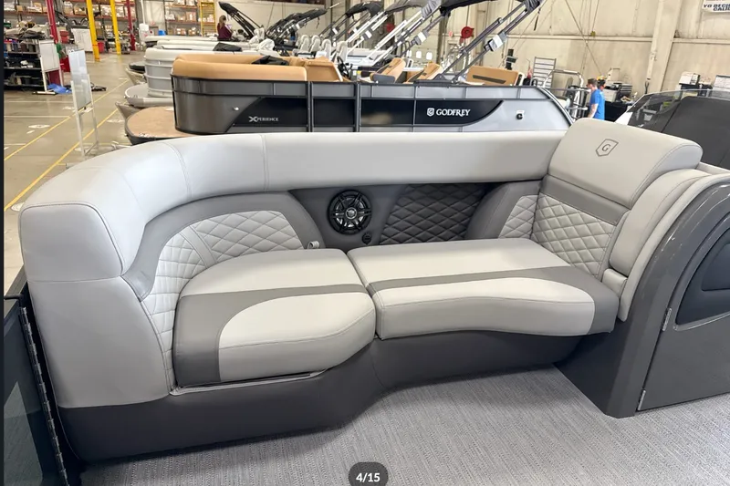 Slide: The Image of Luxurious seating on 2027 Godfrey Monaco 25' Tritoon, featuring quilted upholstery and modern design. - 38