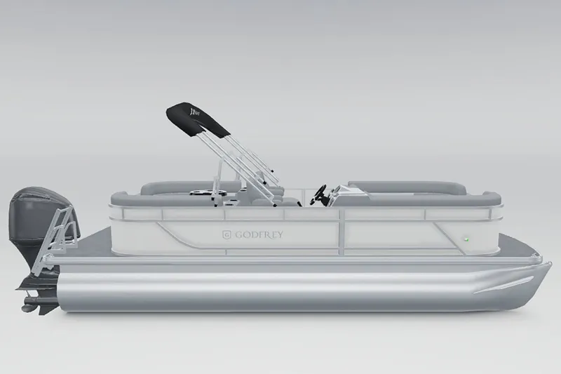 Slide: The Image of Side view of a modern pontoon boat with gray and white accents, featuring an outboard motor. - 6