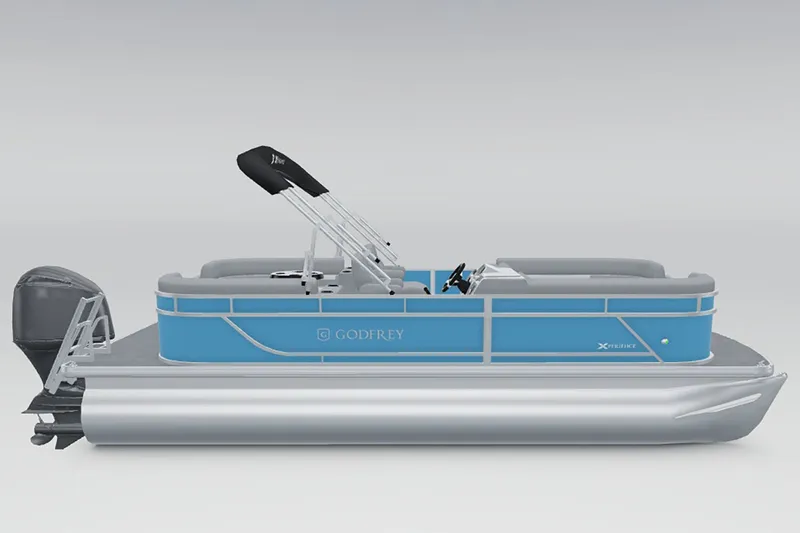 Slide: The Image of The image shows a blue pontoon boat by Godfrey, model Xperience 2286 SBX, year 2027. - 8