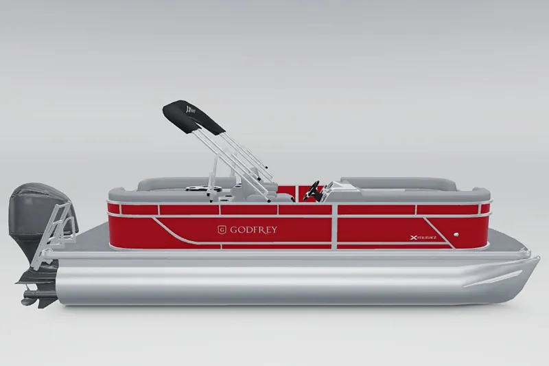 Slide: The Image of A red pontoon boat with gray seating and an outboard motor. - 7