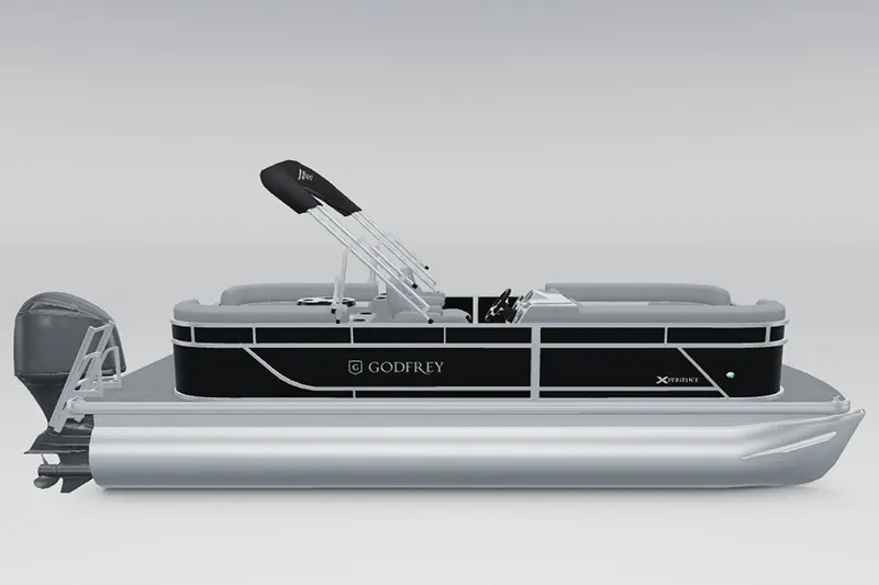 Slide: The Image of A modern pontoon boat with a black hull and silver details, featuring an outboard motor. - 2