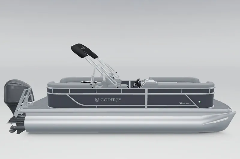 Slide: The Image of A modern pontoon boat with a gray hull and black sunshade. - 3