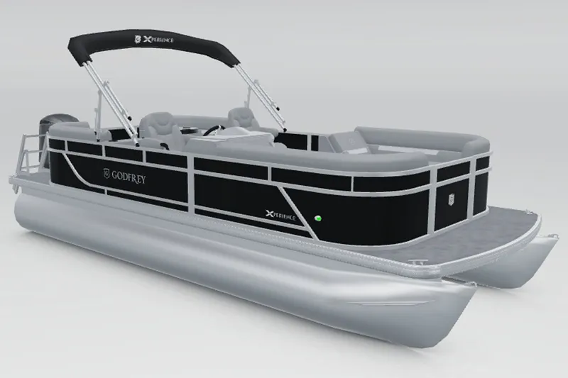 Slide: The Image of Godfrey Xperience 2286 SBX pontoon boat from 2027 with black canopy and silver pontoons. - 11