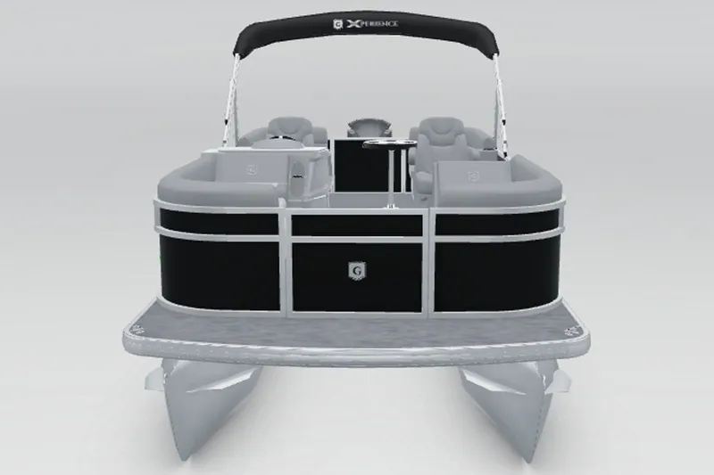 Slide: The Image of Godfrey Xperience 2286 SBX 2027: Sleek pontoon boat with black hull and comfortable seating. - 13