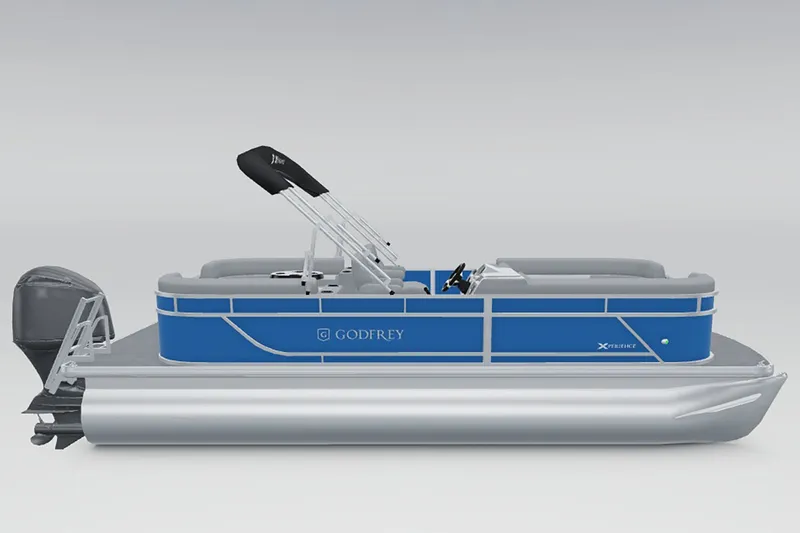 Slide: The Image of 2027 Godfrey Xperience 2286 SBX pontoon boat with blue hull and silver details. - 5