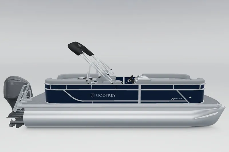 Slide: The Image of Godfrey Xperience 2286 SBX pontoon boat, 2027 model, with blue hull and outboard motor. - 4