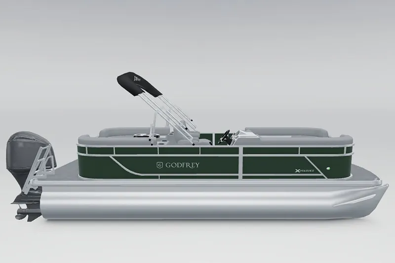 Slide: The Image of A green pontoon boat with a silver hull and black motor. - 9