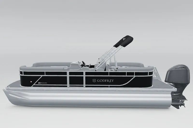 Slide: The Image of The image shows a 2027 Godfrey Xperience 2286 SBX pontoon boat with an outboard motor. - 10