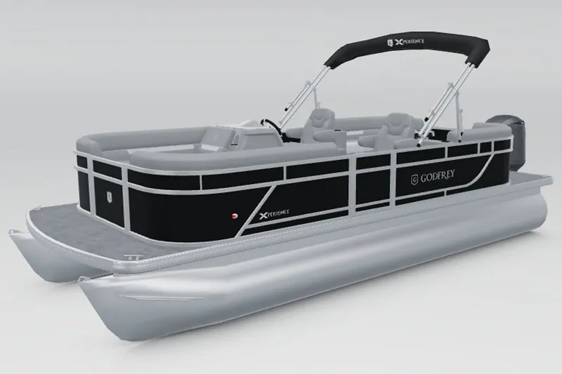 Slide: The Image of Godfrey Xperience 2286 SBX pontoon boat with black hull and silver pontoons. - 12