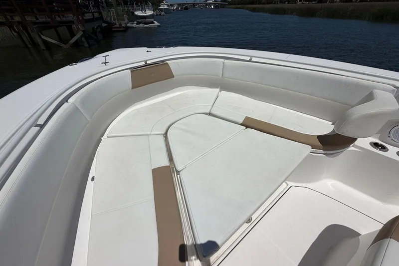 Slide: The Image of 2016 Edgewater 368CC boat interior with spacious seating and sleek design. - 35