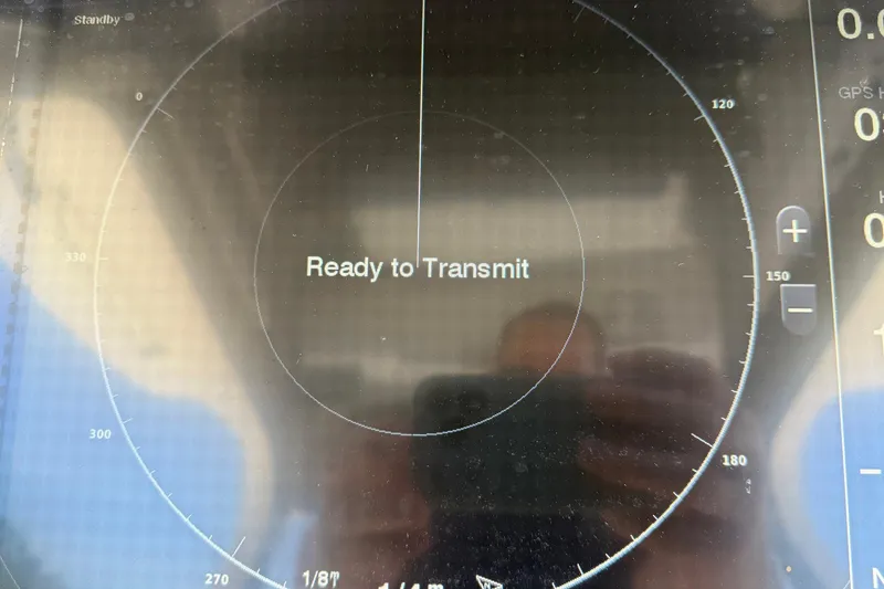Slide: The Image of Radar display on 2016 Edgewater 368CC boat showing "Ready to Transmit" message. - 53