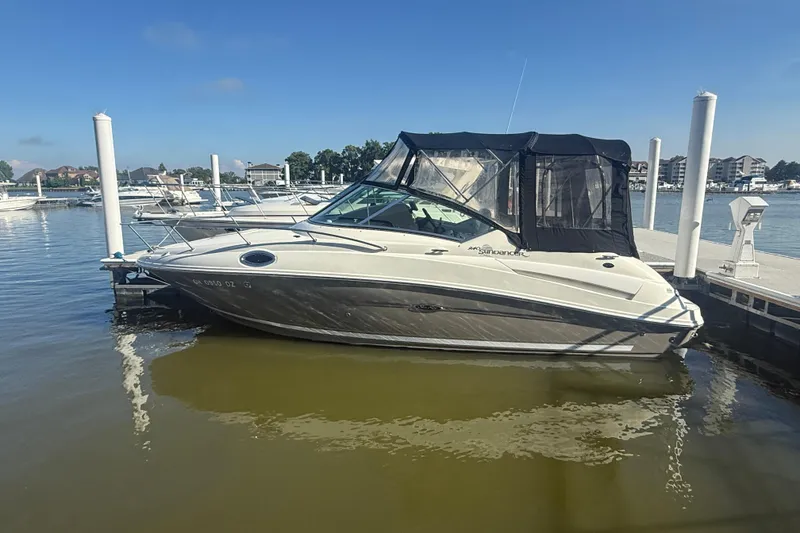 The Image of 2006 Sea Ray 240 Sundancer docked at a marina under clear blue skies. - 1