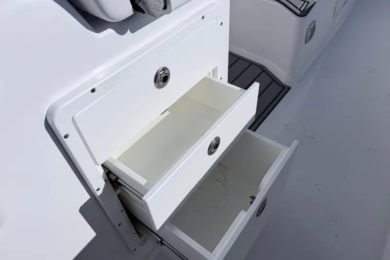Slide: The Image of Open storage drawers on a 2026 Cape Horn 39XS boat. - 29