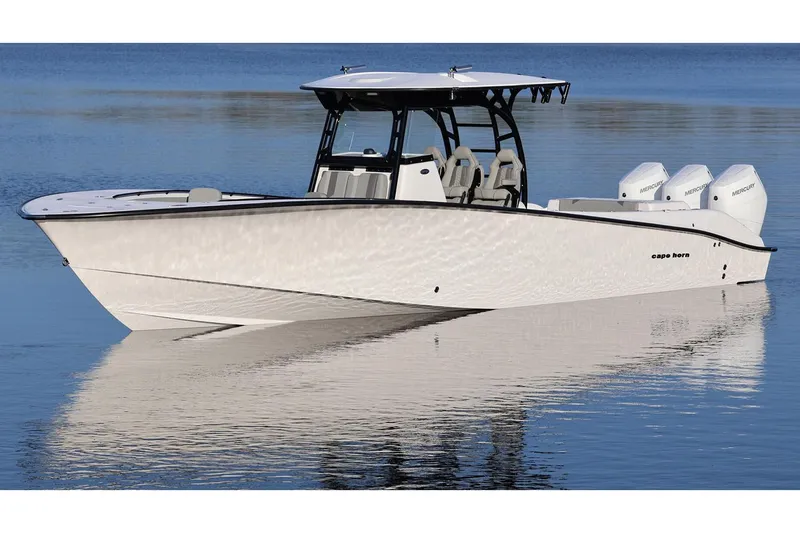 Slide: The Image of Manufacturer Provided Image: 2026 Cape Horn 39XS boat on calm water, featuring sleek design and triple Mercury engines. - 32