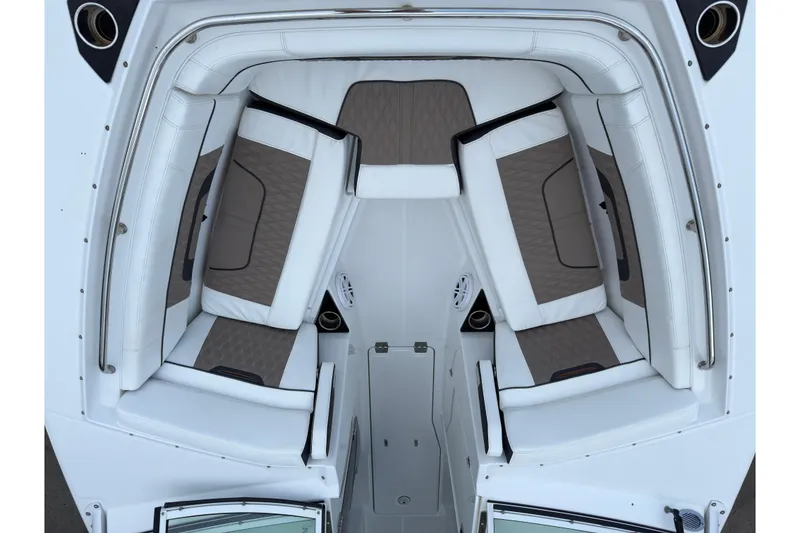 Slide: The Image of 2023 Blackfin 272 DC boat interior with white and gray seating arrangement. - 19