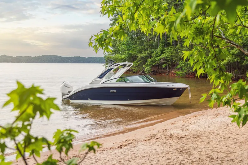 Slide: The Image of A 2026 Sea Ray SDX 250 Outboard is moored at a sandy shore, surrounded by trees. - 41