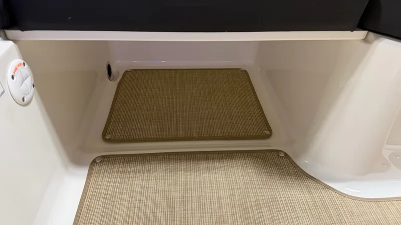 Slide: The Image of The interior of a 2027 Sea Ray SPX 210 features a clean, beige carpeted floor. - 37