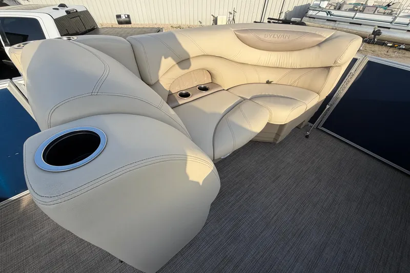 Slide: The Image of Luxurious seating on 2018 Sylvan Mirage 820 Cruise pontoon boat with cup holders. - 21