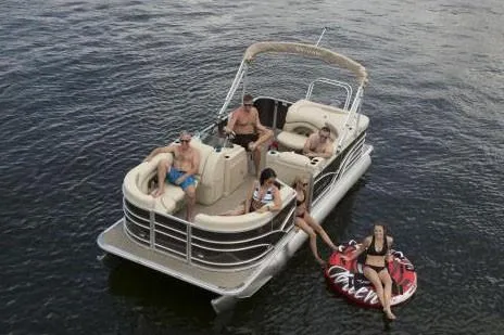 Slide: The Image of Manufacturer Provided Image: 2018 Sylvan Mirage 820 Cruise pontoon boat with people relaxing on water. - 2