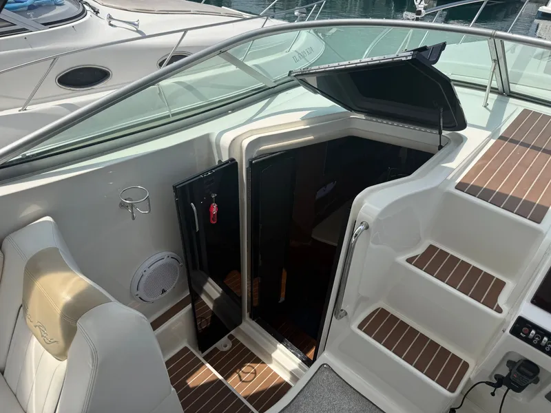 Slide: The Image of The 2010 Sea Ray Sundancer 310 features an open cabin entrance with wooden steps. - 25