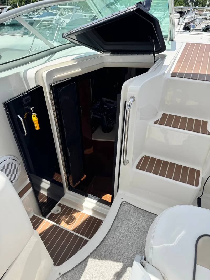 Slide: The Image of The 2010 Sea Ray Sundancer 310 features an open cabin door with wooden steps and sleek design. - 21