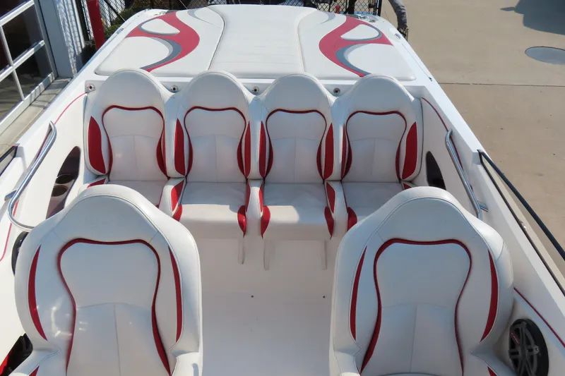Slide: The Image of 2013 Nordic 39 POKER RUN boat interior with white and red seating arrangement. - 19