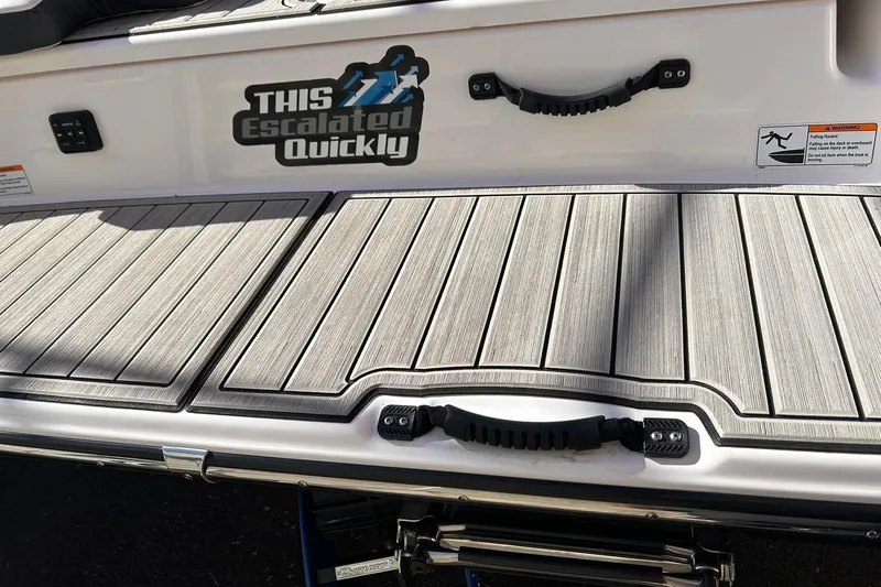 Slide: The Image of 2024 Yamaha AR190 boat deck with humorous "This Escalated Quickly" decal. - 2
