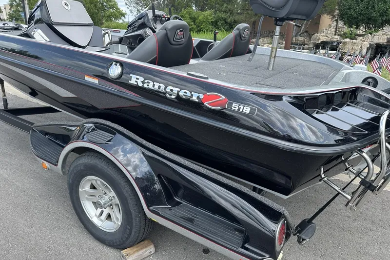Slide: The Image of 2018 Ranger Z518 boat on trailer, sleek black design with red accents. - 4