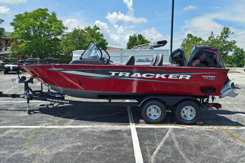 The Image of 2026 Tracker Targa V-19 Combo boat on trailer in parking lot, sunny day. - 0