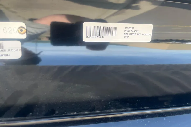 Slide: The Image of Barcode label on 2026 Ranger 220F, MRD Matte Red Fencing model. - 10