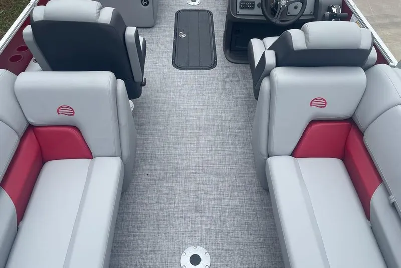 Slide: The Image of 2026 Sun Tracker Party Barge 22 XP3 interior with gray and red seating. - 88