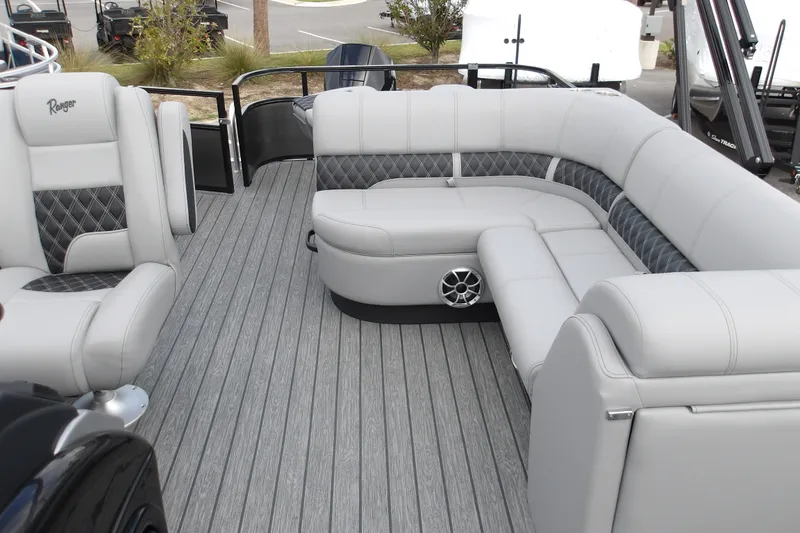 Slide: The Image of Luxurious seating on 2026 Ranger 223FC boat with stylish gray upholstery and modern design. - 16