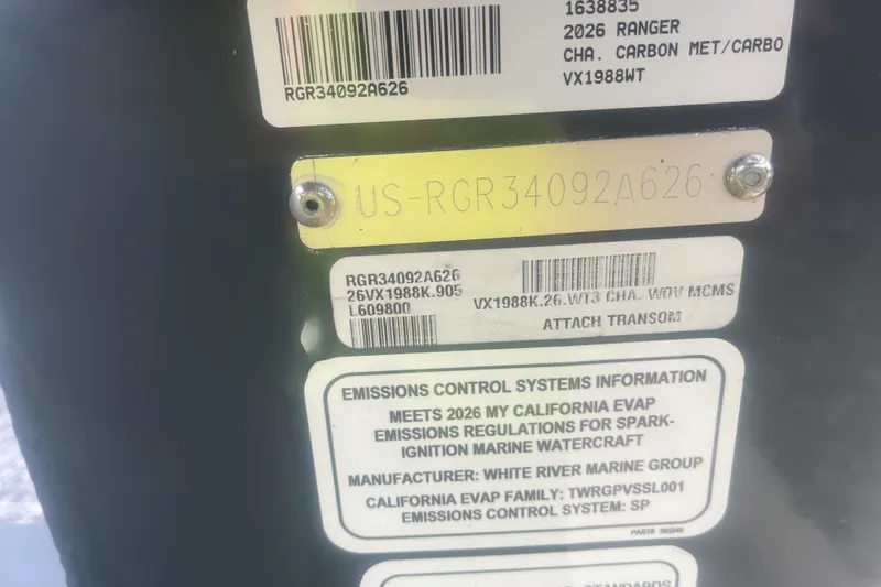 Slide: The Image of Close-up of 2026 Ranger VX1988 WT identification and emissions control labels. - 11