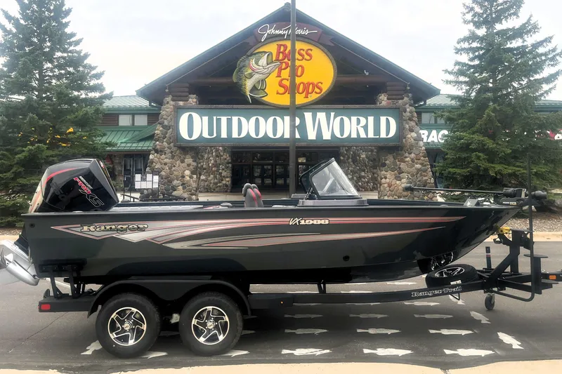 The Image of 2026 Ranger VX1988 WT boat on trailer outside Bass Pro Shops Outdoor World. - 0