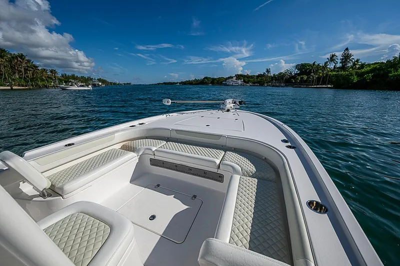 Slide: The Image of 2020 Caymas 28 HB boat on scenic waterway with lush greenery and blue sky. - 9