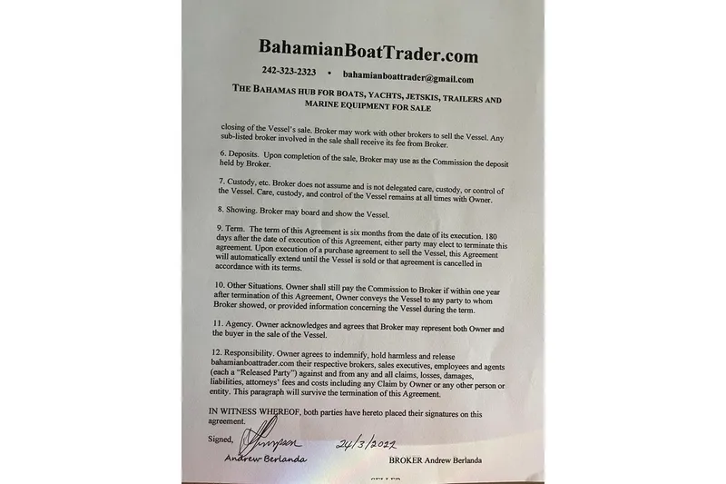 Slide: The Image of Agreement document from BahamianBoatTrader.com for vessel sale, signed by broker Andrew Berlanda. - 19