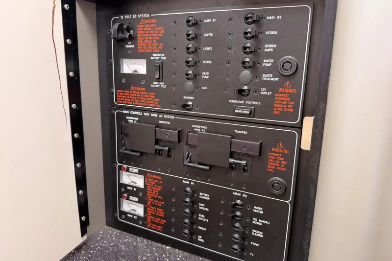 Slide: The Image of Control panel of a 2007 Formula 400 Super Sport boat, featuring various switches and warnings. - 40