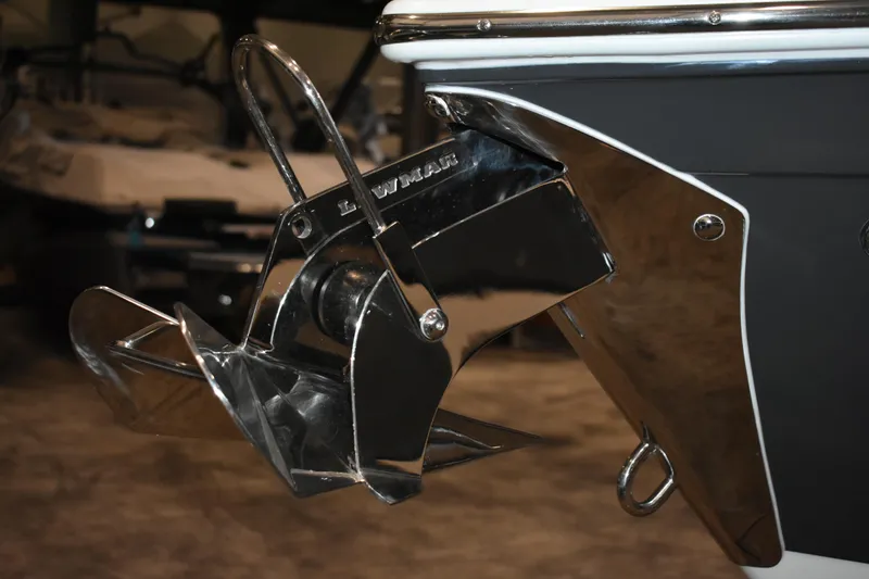 Slide: The Image of 2023 Cobalt R8 boat anchor detail with polished metal finish. - 43
