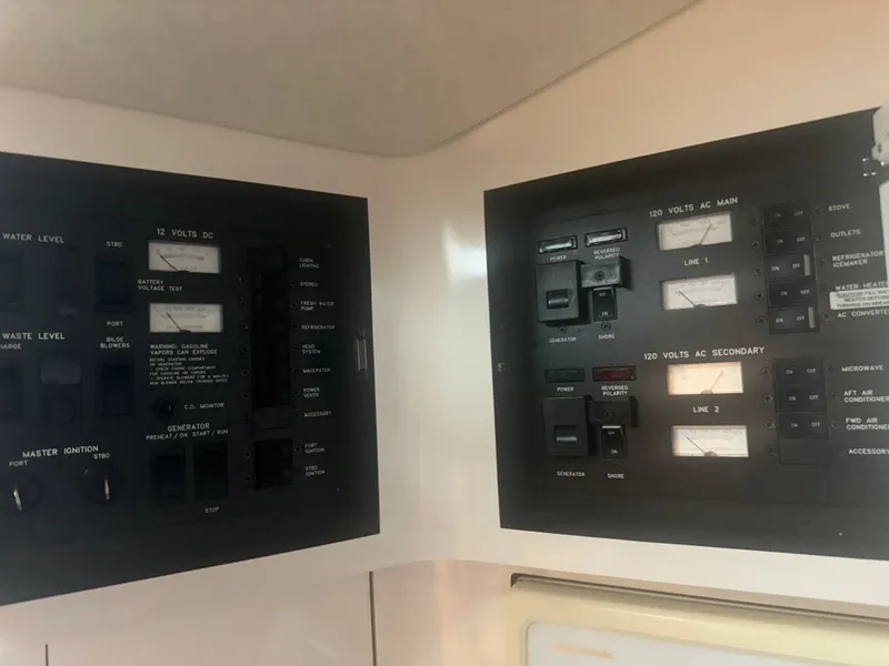 Slide: The Image of Electrical control panel with various switches and gauges on a boat. - 21