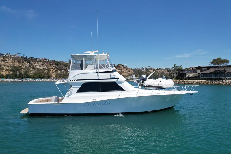 The Image of 1994 Viking 47 Convertible yacht on calm water, coastal background, clear blue sky. - 0