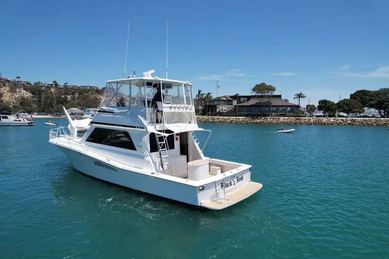 Slide: The Image of 1994 Viking 47 Convertible yacht cruising in a scenic harbor with clear blue water. - 6