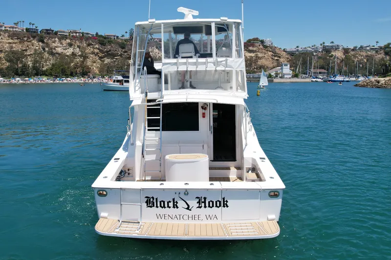 Slide: The Image of 1994 Viking 47 Convertible yacht named "Black Hook" in a scenic marina. - 5