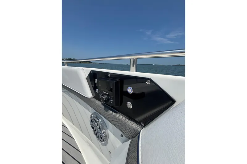 Slide: The Image of 2019 Formula 430 Super Sport Crossover boat dashboard with ocean view. - 49